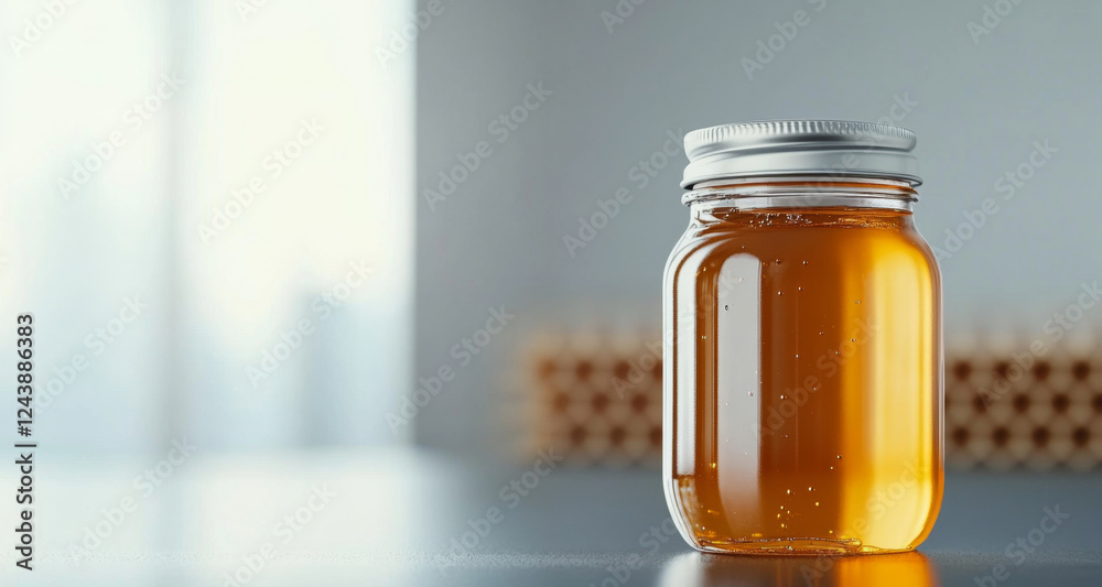 Fresh organic honey is displayed in a glass jar in a bright kitchen. The natural sweetness and rich golden color highlight the importance of sustainable beekeeping practices. Fresh organic honey is displayed in a glass jar in a bright kitchen. The natural sweetness and rich golden color highlight the importance of sustainable beekeeping practices.