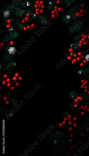 Christmas and New Year background with winter berries and fir branches in a dark style. Copy space and top view, silhouette. with white shades
