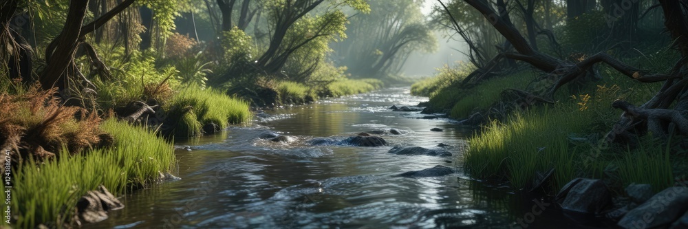 Water flowing through a narrow channel in the swamp, forest, water Water flowing through a narrow channel in the swamp, forest, water