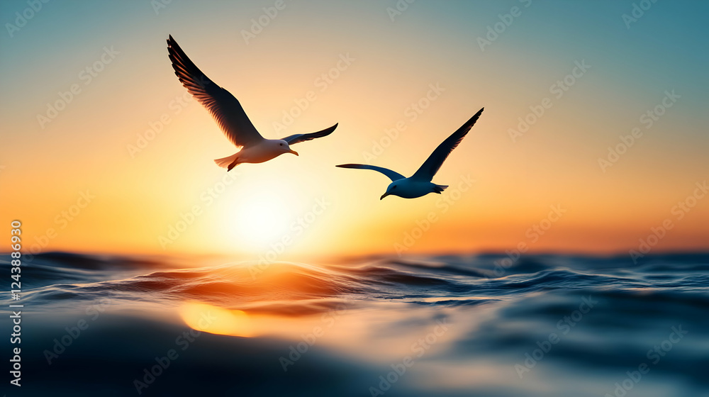 Naklejka premium Seagulls soar gracefully over tranquil ocean waves at sunset, creating a serene coastal scene.