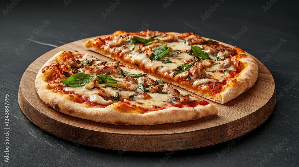 Freshly baked pizza with crispy crust and flavorful toppings on a wooden serving board in a cozy dining setting Freshly baked pizza with crispy crust and flavorful toppings on a wooden serving board in a cozy dining setting