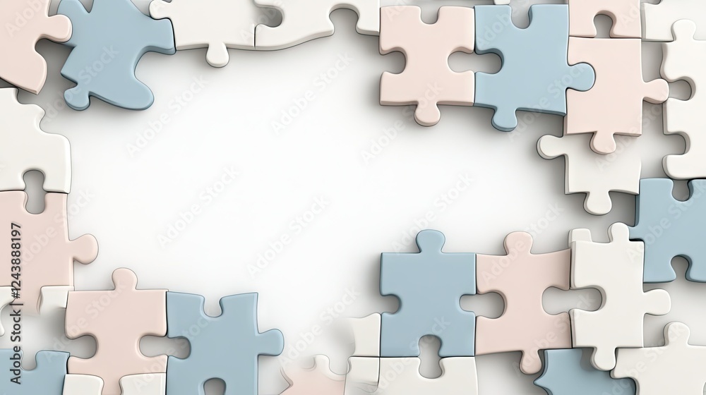 Colorful puzzle pieces arranged in a circle on a white background inviting completion and creativity Colorful puzzle pieces arranged in a circle on a white background inviting completion and creativity