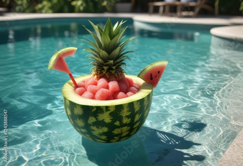 Watermelon cocktail served in floatable pineapple cup in pool, beach club, swim-up, outdoor relaxation, mixology photo