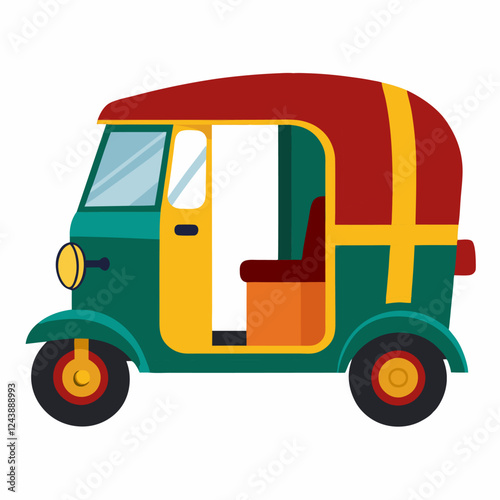 A colorful transport cartoon tuk tuk , showcasing a popular mode of transport in many Asian cities.Suitable for children's books, sticker,t shirt design, mascot, logo. Children's picture. Vector 