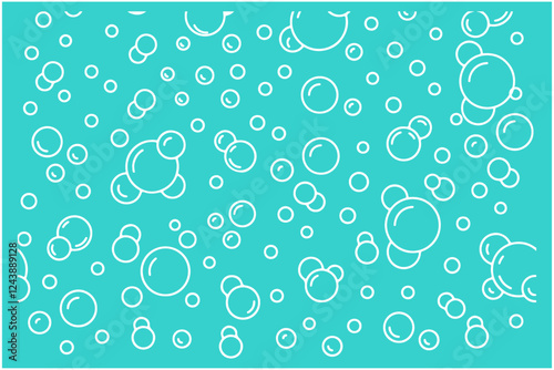 Bubbles vector seamless pattern with flat line icons. Blue white color soap texture. Fizzy water background, abstract effervescent effect wallpaper