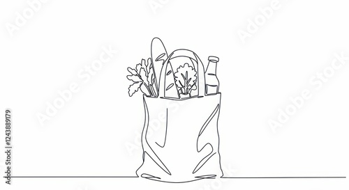 Line art illustration of grocery bag with fresh produce and bottle