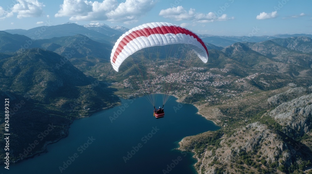 Soaring over a stunning lake surrounded by mountains while paragliding in a clear blue sky during sunny weather Soaring over a stunning lake surrounded by mountains while paragliding in a clear blue sky during sunny weather