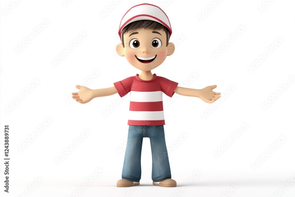 Cheerful cartoon boy in red and white striped shirt with denim jeans and a cap smiling joyfully Cheerful cartoon boy in red and white striped shirt with denim jeans and a cap smiling joyfully