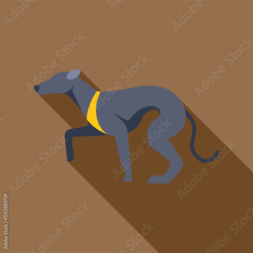 Greyhound wearing a yellow harness standing still on a brown background