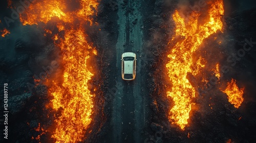 Aerial view of a car on a road surrounded by raging flames photo