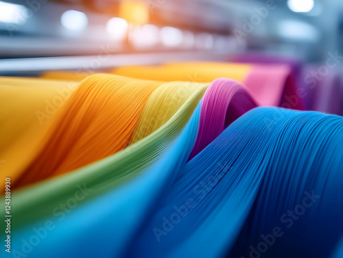 Vibrant colored threads displayed in a textile factory, showcasing the beauty of material and craftsmanship. photo