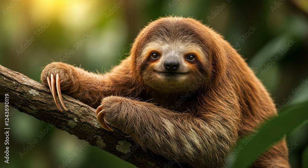 Naklejka premium Adorable Three-Toed Sloth Smiling on a Branch in Lush Rainforest