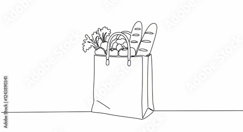 Line drawing of a paper bag with vegetables and baguettes for shopping concept