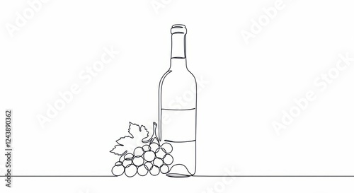 Minimalist line art of wine bottle with grapes