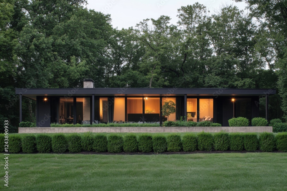 Modern black house illuminated at dusk surrounded by lush greenery in a tranquil suburban setting, showcasing contemporary design elements and seamless integration with nature