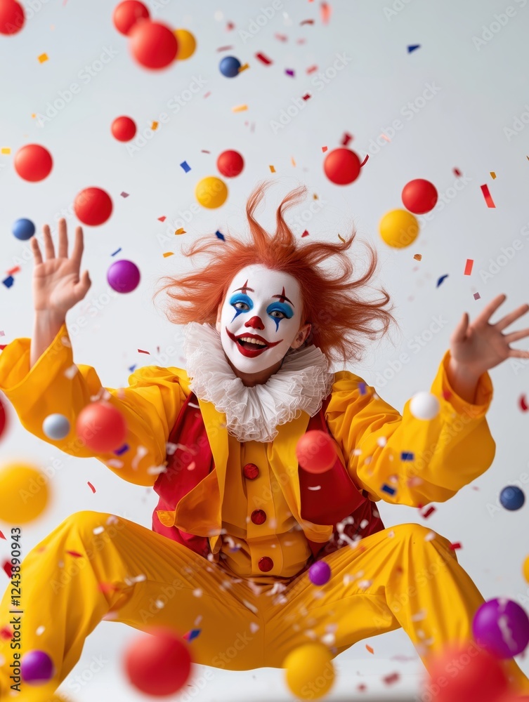 Brightly dressed clown dances joyfully among colorful balls in a lively celebration set against a white background Brightly dressed clown dances joyfully among colorful balls in a lively celebration set against a white background