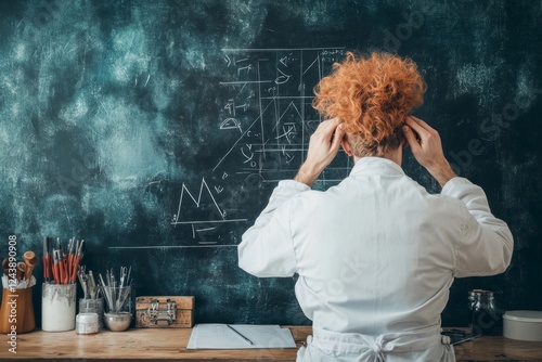 A physicist working on a complex equation on a massive chalkboard photo