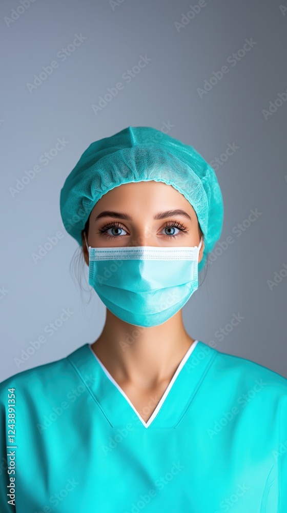 Focused female surgeon in scrubs and surgical mask ready for medical procedures in a sterile environment Focused female surgeon in scrubs and surgical mask ready for medical procedures in a sterile environment