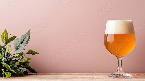 Golden craft beer in a glass next to fresh green herbs on a wooden table with a soft pink background photo