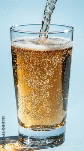 Wallpaper Mural Refreshing bubbly beverage being poured into a clear glass with vibrant carbonation against a smooth blue background Torontodigital.ca