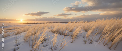 A landscape photograph of wild grass growing in a open field photo