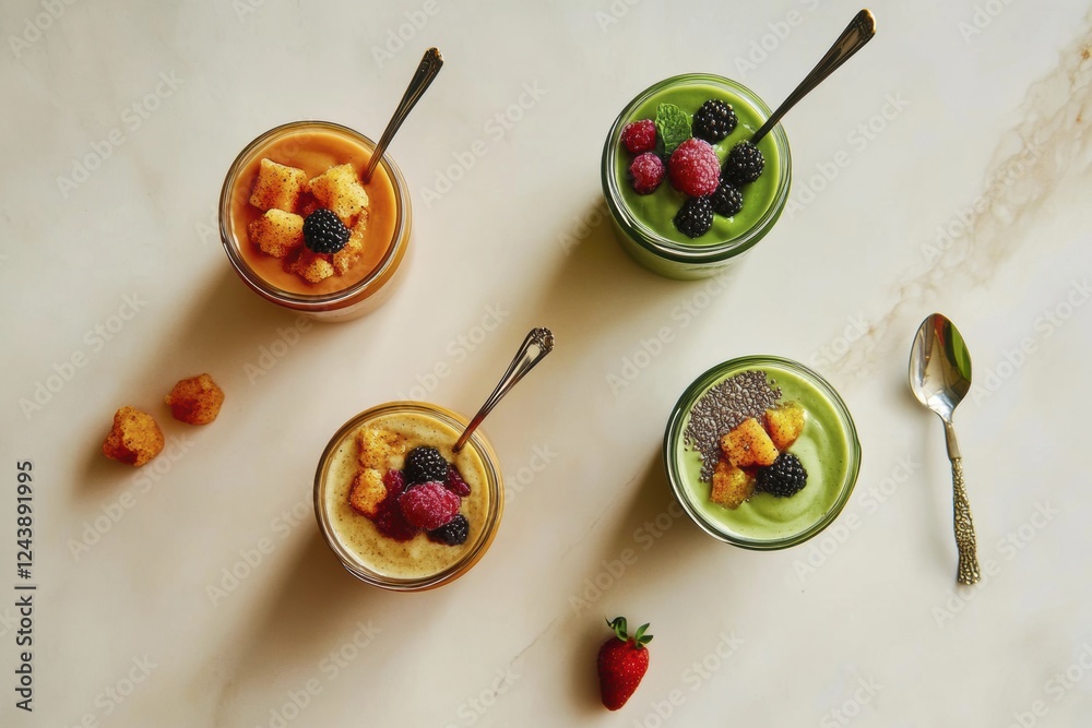 Chia seeds in smoothies with fresh berries on marble background for healthy living Chia seeds in smoothies with fresh berries on marble background for healthy living