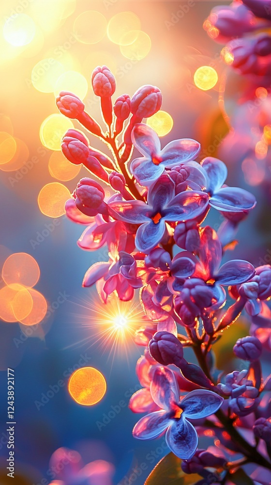 Obraz premium Lilac flowers blooming in sunset light.