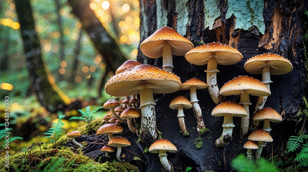 Fototapeta premium Cluster of mushrooms growing on a tree trunk in a forest. The warm light creates a magical atmosphere.