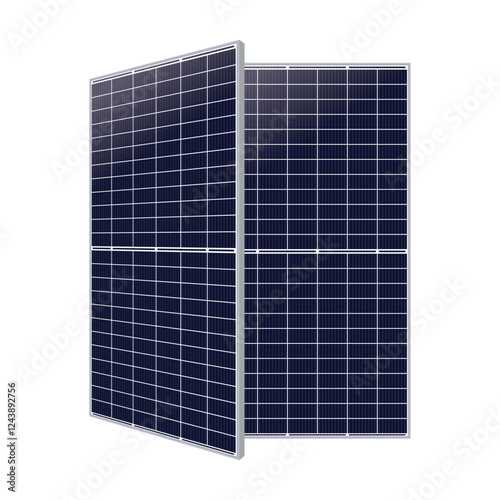 Two angled dark blue solar panels with a grid of white lines representing photovoltaic cells against a white background. Showcasing innovative renewable energy technology and design.