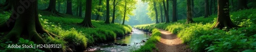 Forest floor with winding forest path and river, forest, scenery