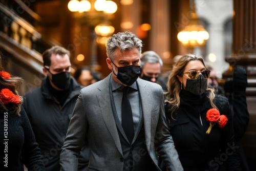 A security team escorting a high-ranking government official out of a building photo