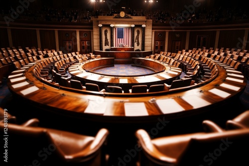 A senate or congressional hall with politicians seated, debating new policies photo