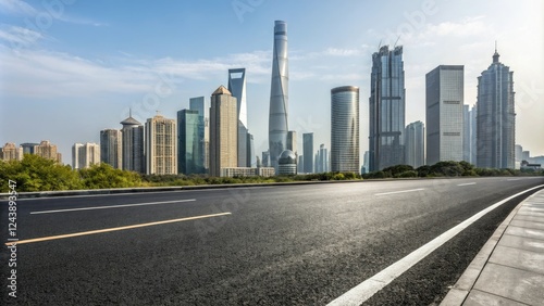 Wide asphalt road stretching through a modern cityscape with sleek skyscrapers and glass towers in the background, urban sprawl, highway, modern city, cityscape, urban architecture