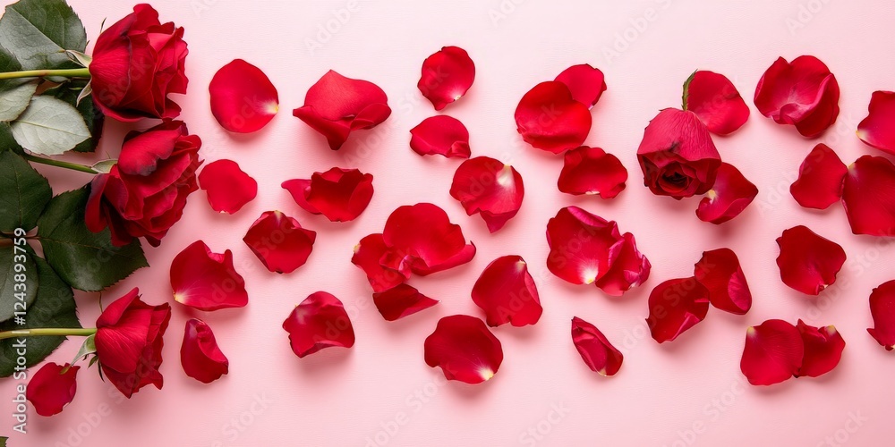 A soft pink background with scattered red rose petals, creating a romantic and elegant composition. Perfect for greeting cards, wedding invitations, and Valentine's Day promotions. A soft pink background with scattered red rose petals, creating a romantic and elegant composition. Perfect for greeting cards, wedding invitations, and Valentine's Day promotions.