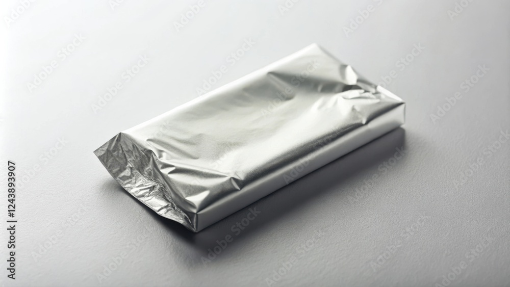 A Wrapped Rectangular Item in Silver Foil Packaging on a Light Gray Surface A Wrapped Rectangular Item in Silver Foil Packaging on a Light Gray Surface