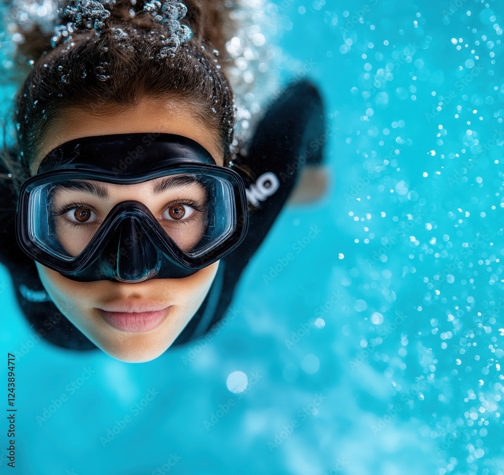 Fototapeta premium Young female free diver swimming gracefully with flippers in clear water against a clean background