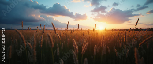 A landscape photograph of wild grass growing in a open field photo