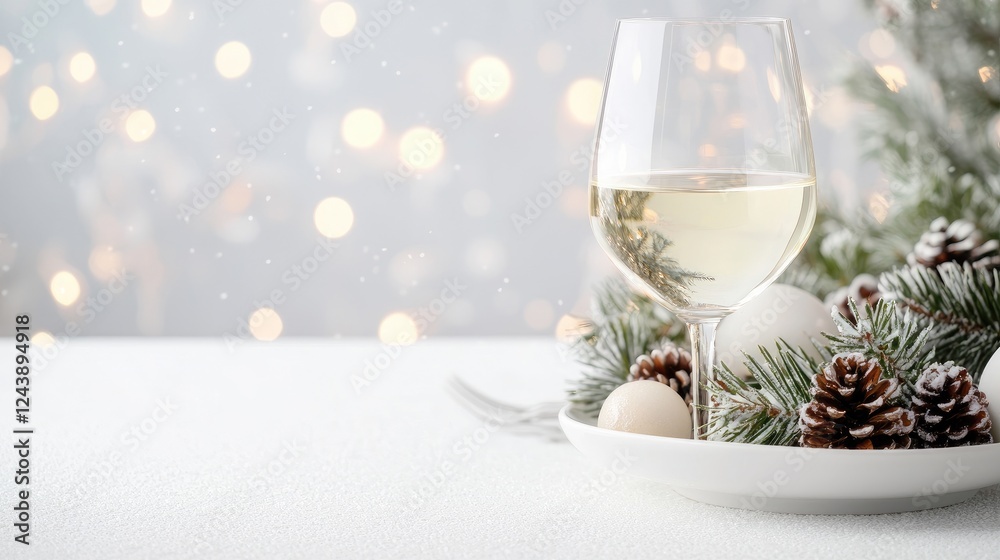 Festive Christmas table setting with wine glass, bokeh background Festive Christmas table setting with wine glass, bokeh background