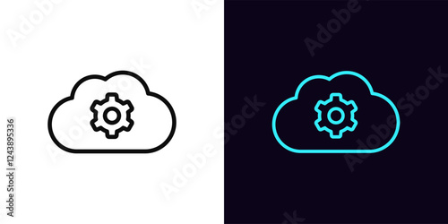 Outline cloud settings icon, with editable stroke. Cloud storage with gear sign, datacenter maintenance. Customize cloud space, data backup and security settings update, network control. Vector icon