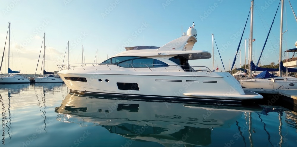 Fototapeta premium Luxury yacht docked in marina with perfect reflection, boating, serene, dock