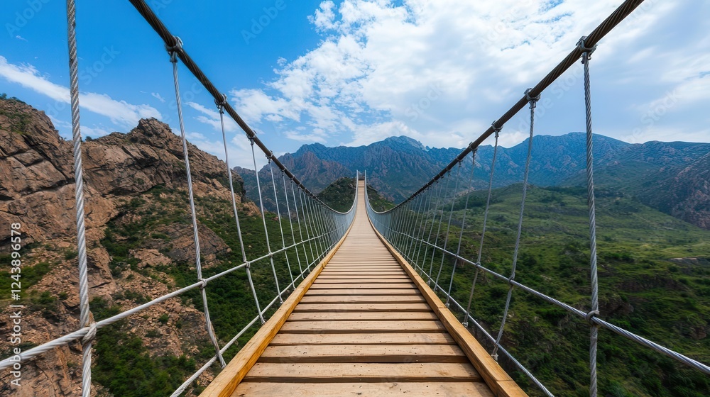 Obraz premium A suspension bridge crossing a deep mountain gorge, creating a thrilling and adventurous perspective