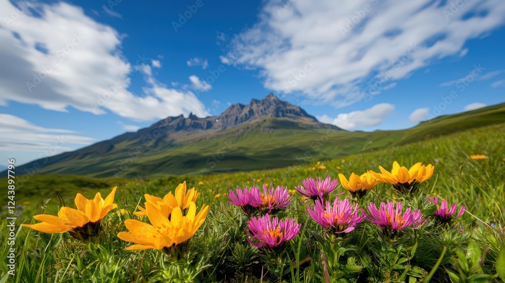 Obraz premium Vibrant wildflowers blooming on a highaltitude meadow with a dramatic mountain backdrop, picturesque and colorful nature scene