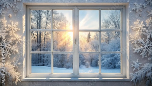 Winter Wonderland Viewed Through a Panoramic Window with Festive Decorations