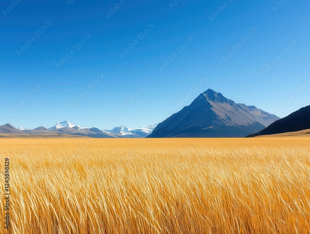 Obraz premium A golden field of tall grass in a valley, with towering mountains in the background under a clear blue sky