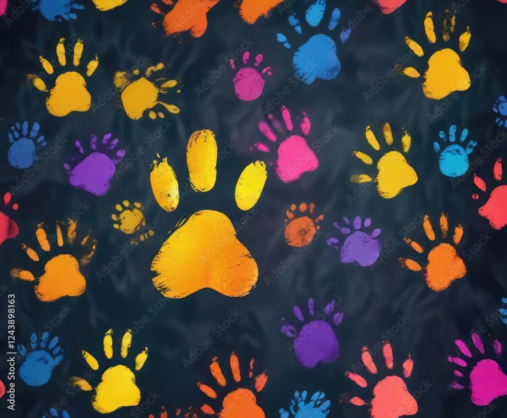 Fototapeta premium Bright and colorful hand paw print background, animal shelters, fabric, pet care