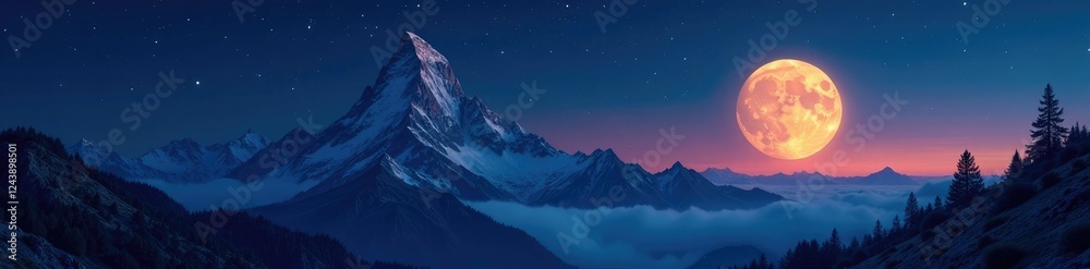 Serene mountain peak under starry sky and full moon, wilderness, moon Serene mountain peak under starry sky and full moon, wilderness, moon