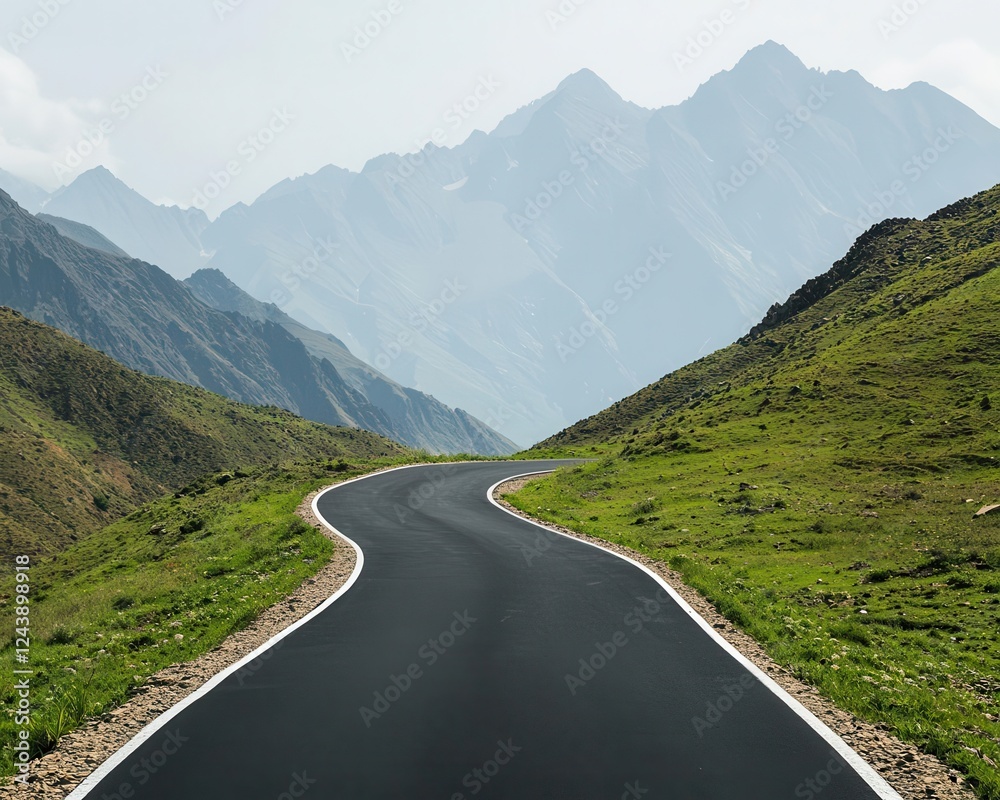Obraz premium A highaltitude road winding through mountainous terrain, capturing a sense of adventure and travel