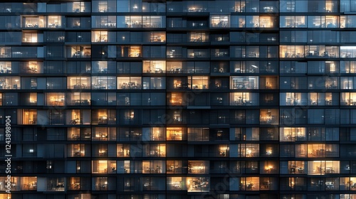 Nighttime view of a modern apartment building showcasing illuminated windows in an urban environment photo