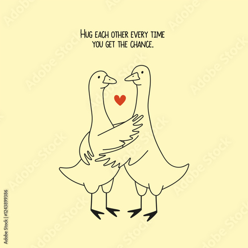 Vector illustration with hugging or dancing and supporting each other geese. Cute and romantic print design, home decoration poster, greeting card template, apparel print design