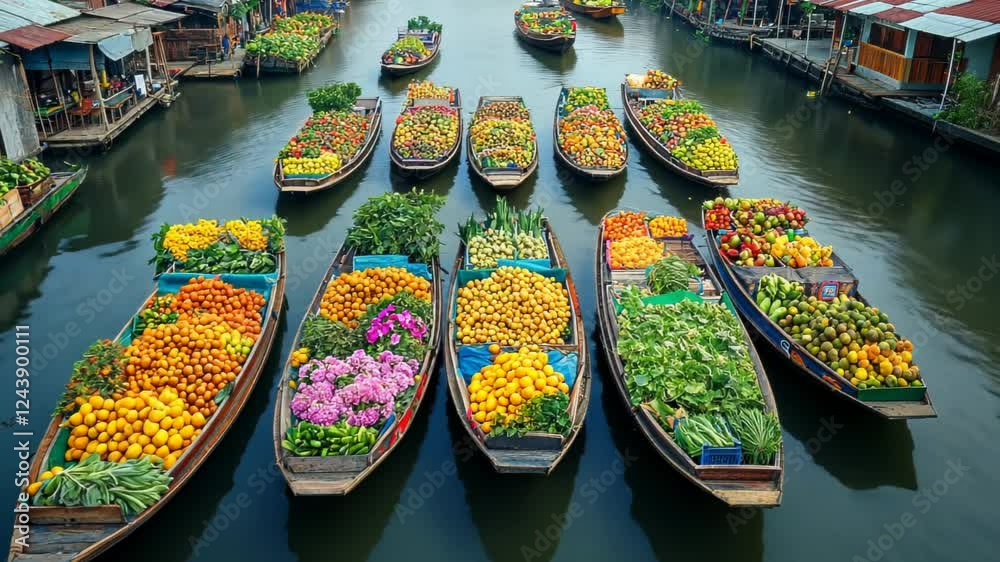 Vibrant floating market with colorful fruit boats on calm waters